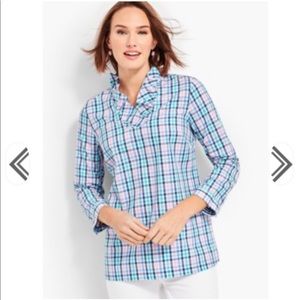 TALBOTS RUFFLE NECK POPOVER TUNIC-GINGHAM